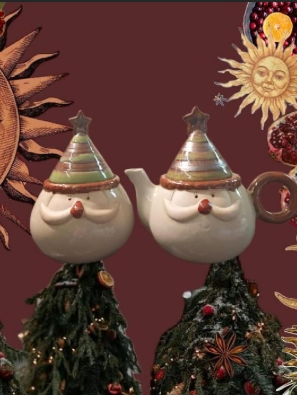 VTG Stoneware Christmas Traditions Ceramic Santa Teapot Cream & Sugar Bowls